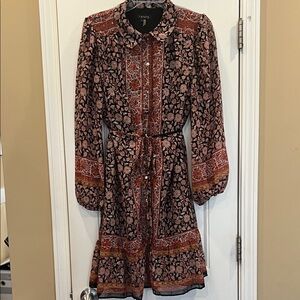 1.State Floral Long-Sleeve Button-Front Dress with Gold Accents